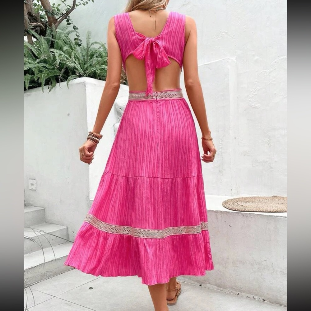 Hot Pink Sheer Lace Cut Out Ruffle Hem Tie Back Dress - Picture 2 of 13